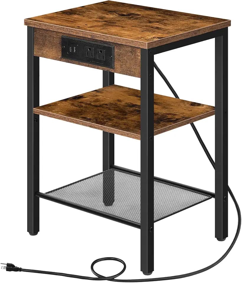 HOOBRO Side Table with Charging Station and USB Port, Small End Table for Small Space, 3-Tier Nightstand with Adjustable Shelf, for Living Room, Bedroom, Rustic Brown BF112BZ01