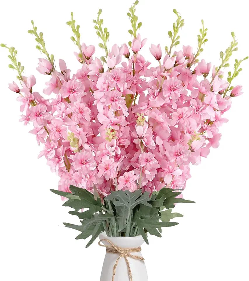 16Pcs Pink Delphinium Artificial Flower 33.5'' Long Stem Silk Pink Flowers