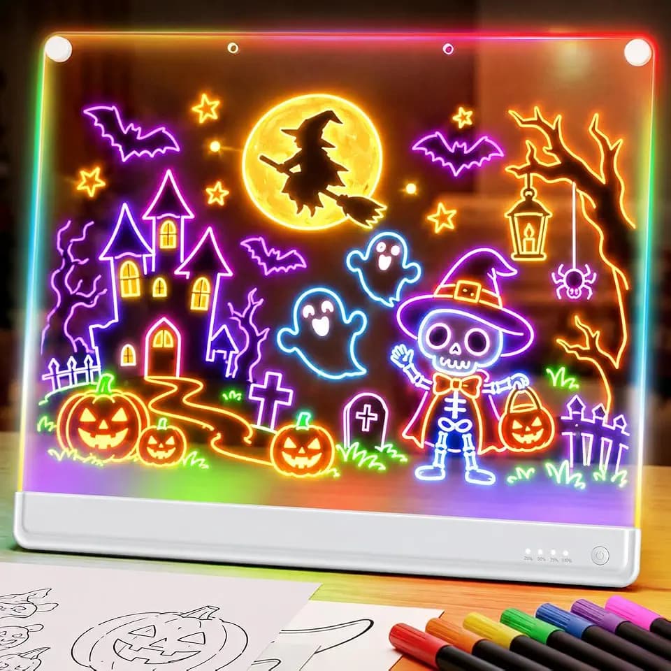 19.7-Inch Rechargeable LED Drawing Board with 15-Color Glow Effects, Large Neon Doodle Pad with 6 Light Modes&Adjustable Brightness, Built-in Stand, 7 Neon Markers, Tracing Papers, Gift for Kids,Girls