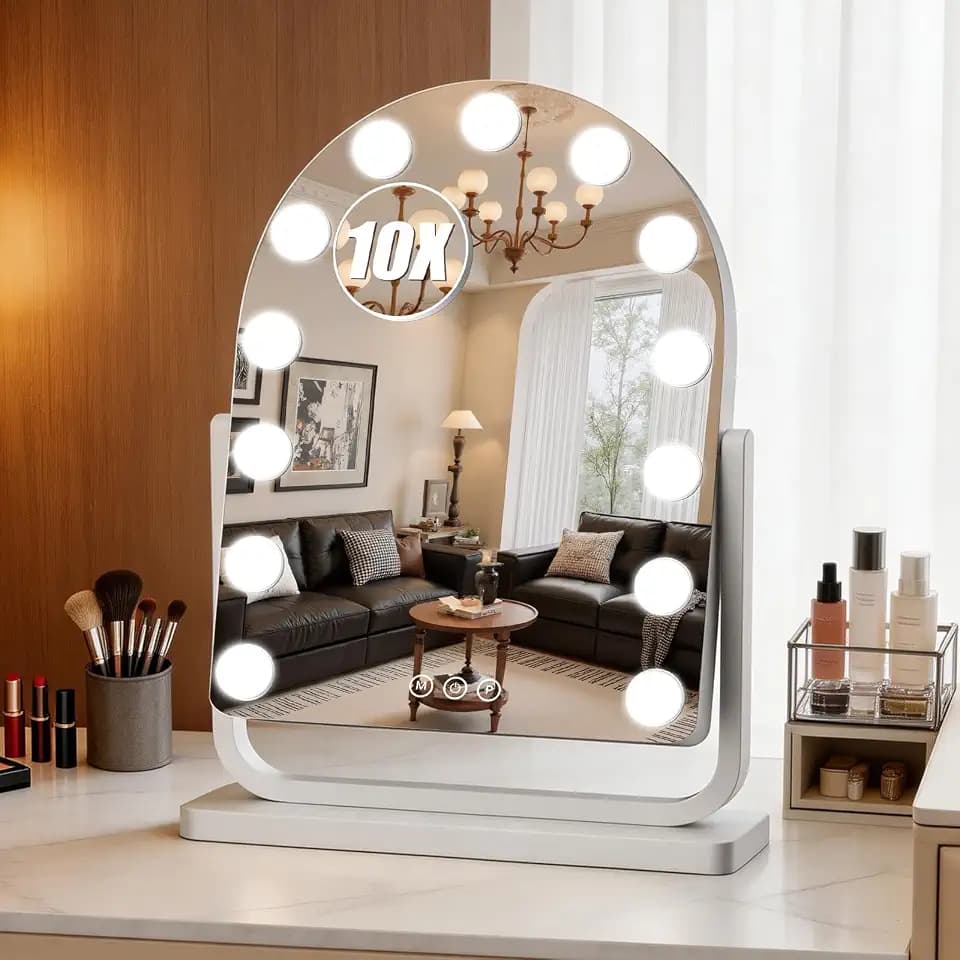 Arched Vanity Mirror with Lights, 19"×14" Hollywood Makeup Mirror with 13 Dimmable Bulbs, 3-Color Lighting, Dimmable, 360° Rotation, 10x Magnification, Desk Mirror, Bedroom (White)