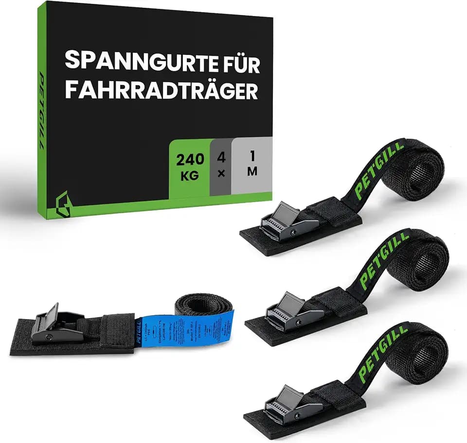 Spanngurte mit Polsterung, Für Alle Fahrradträger Geeignet-EN12195-2 | 4 Stück | Länge 100 cm | Breite 20 mm | 240 Kg Belastbarkeit | Klemmschloss, Kurze Spanngurt für Fahrrad, E-Bike Zurrgurt