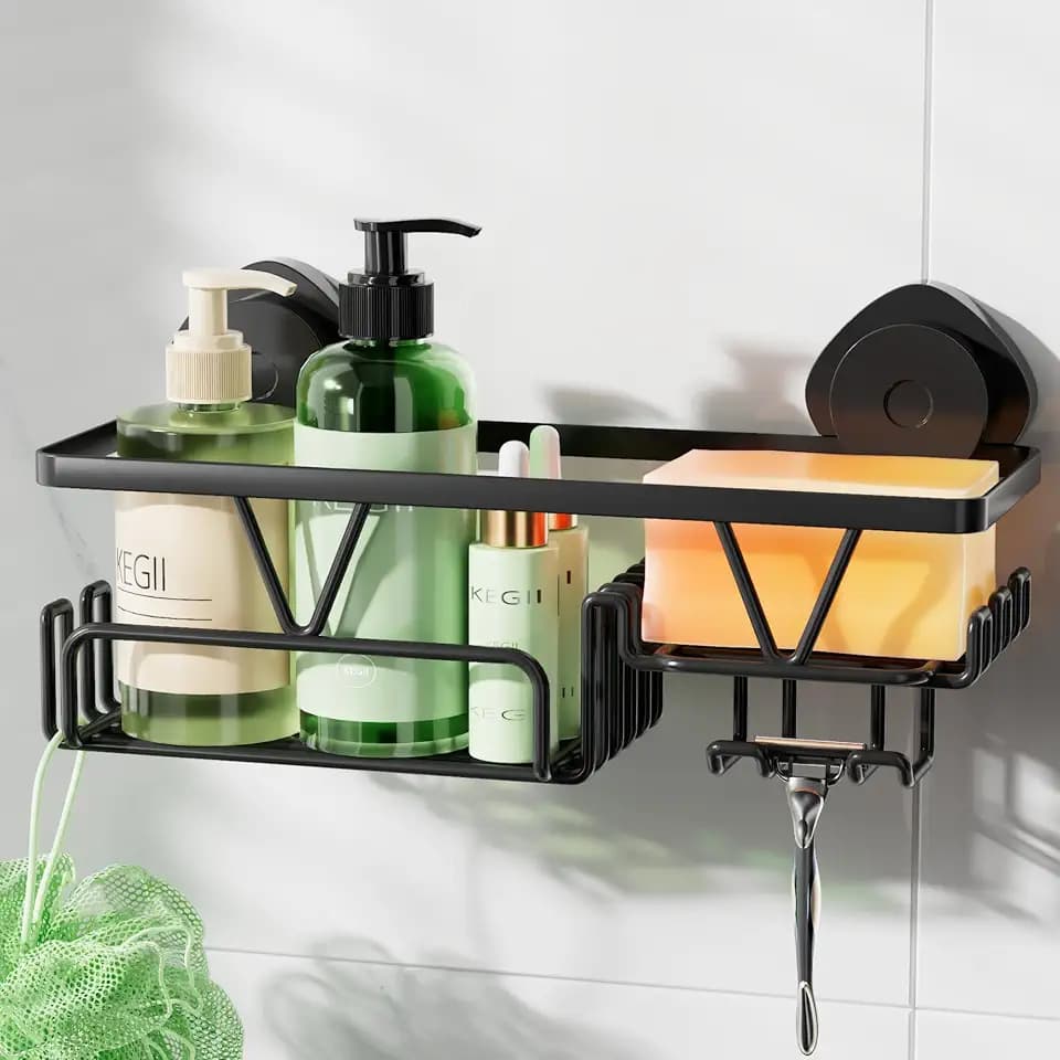 KEGII Shower Caddy Suction Cup with Soap and Razor Holder, 6 Side Hooks