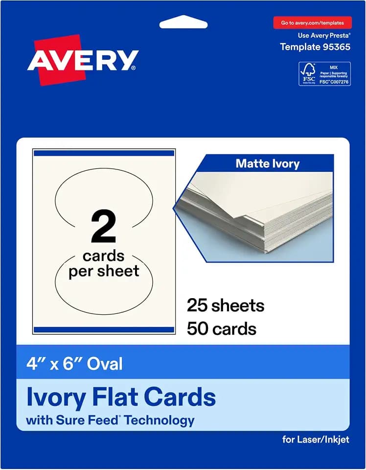 Avery Printable Oval Flat Cards, Sure Feed Technology, 4" x 6", Matte Ivory Cardstock, Print-to-The-Edge, Laser/Inkjet Printable, 50 Total, Great for Product Branding, Marketing, and More