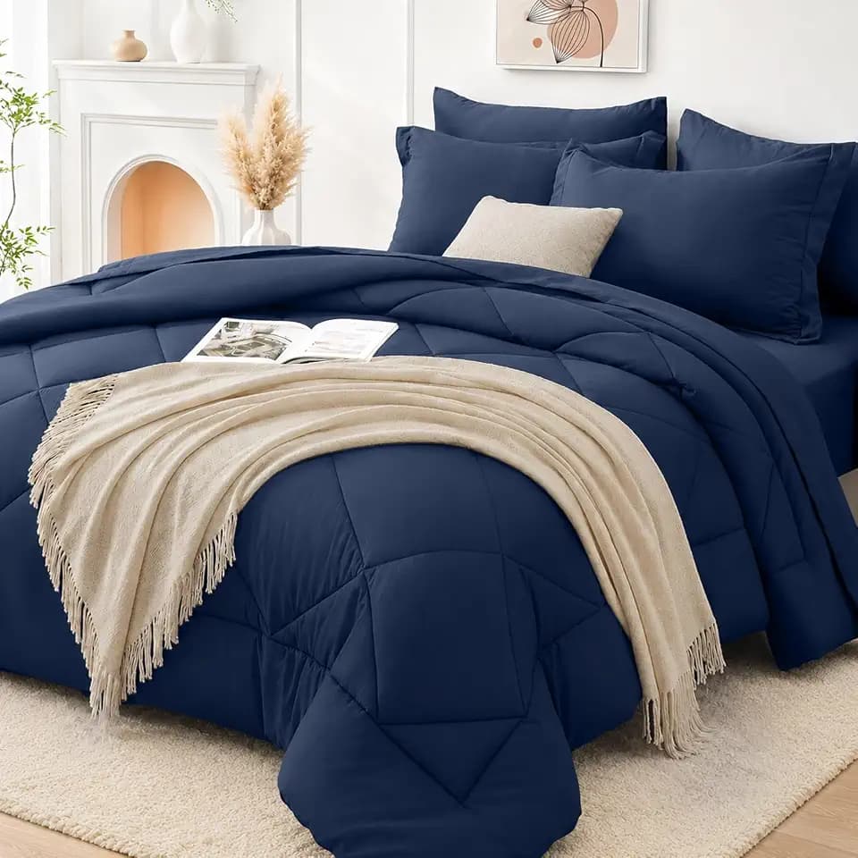 FUANNA Queen Comforter Set with Sheets 7 PCS, Soft Bed in a Bag, Navy Blue