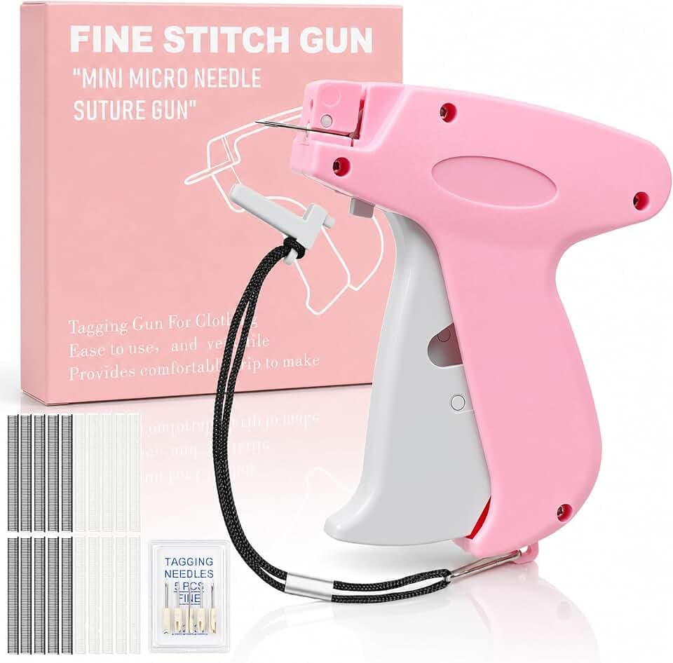 Stitch Gun for Clothes, Handheld Stitch Gun Quick Clothing Fixer,Sewing Kit Includes 1,000 Black Fasteners & 1,000 White Fasteners & 6 Needles (Pink)