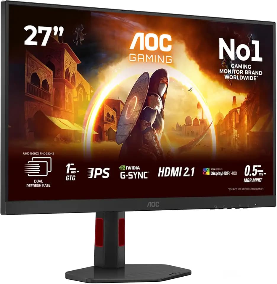 AOC U27G4R 27 Zoll USB Hub Gaming Monitor, dual Mode, Fast IPS Panel, 1ms GtG, Adaptive Sync, HDR400, G-Sync Comp., Höhenverstellung,(3840x2160@160Hz; 1920x1080@320Hz HDMI 2X 2.1 DP 1x 1.4) Schwarz