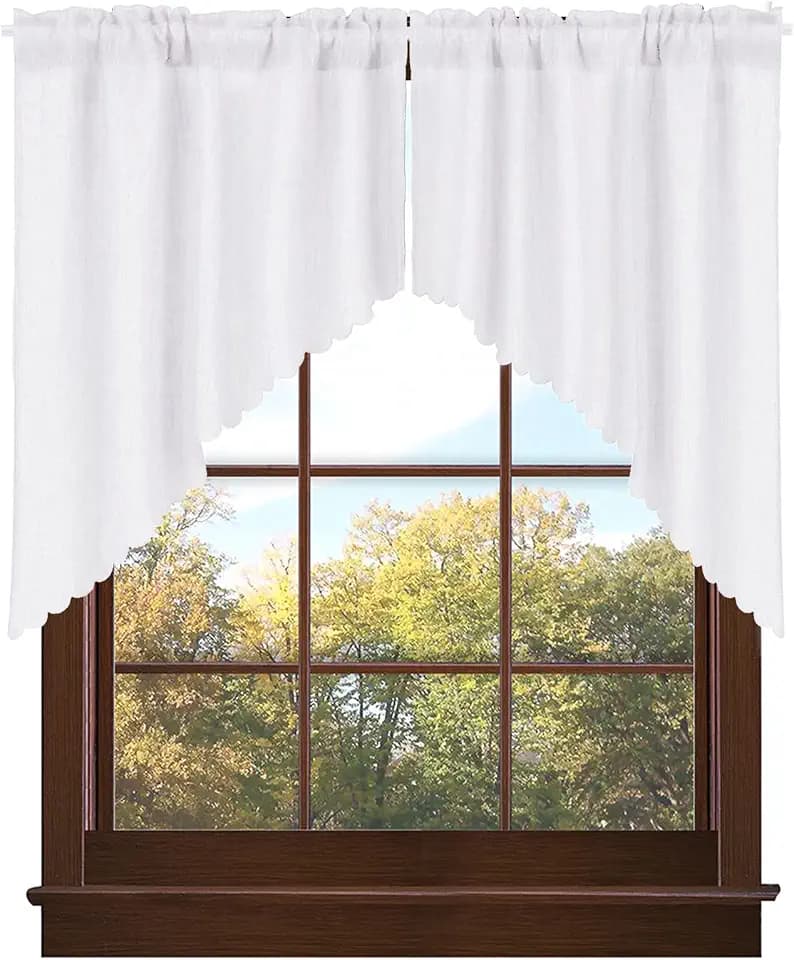 Valea Home Soft Burlap Look Swag Curtains Rustic Natural Rod Pocket Kitchen Valance Curtain Panels for Small Window 36 inch Length, White, 2 Panels
