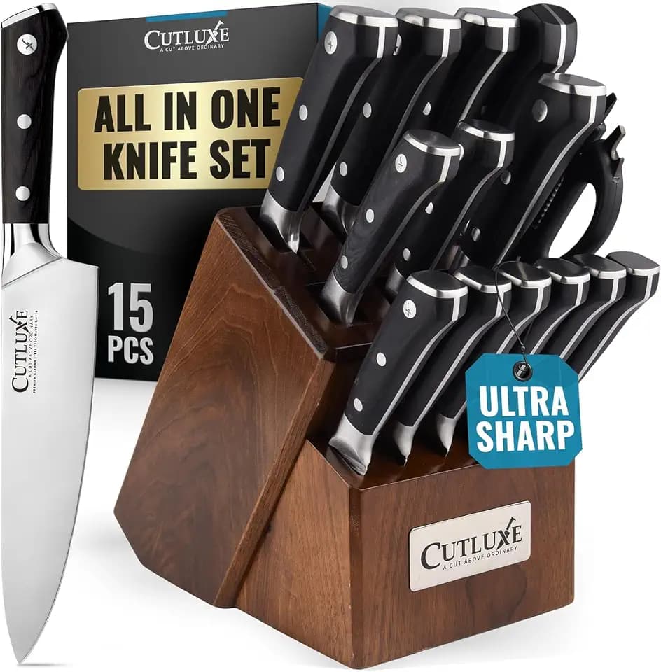 Cutluxe 15-Piece Knife Set, Kitchen Knives with Walnut Wood Block