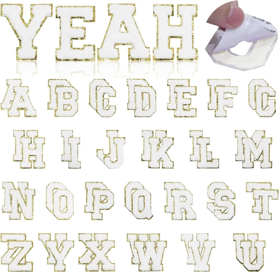 52 Pcs White Chenille Letter Patches A-Z, Self Adhesive Iron on Letters, 2.2 Inch Fuzzy Varsity Alphabet Stickers, Embroidered Applique Stick On Sew On for Clothes, Hats, Backpacks, Jeans, DIY Crafts