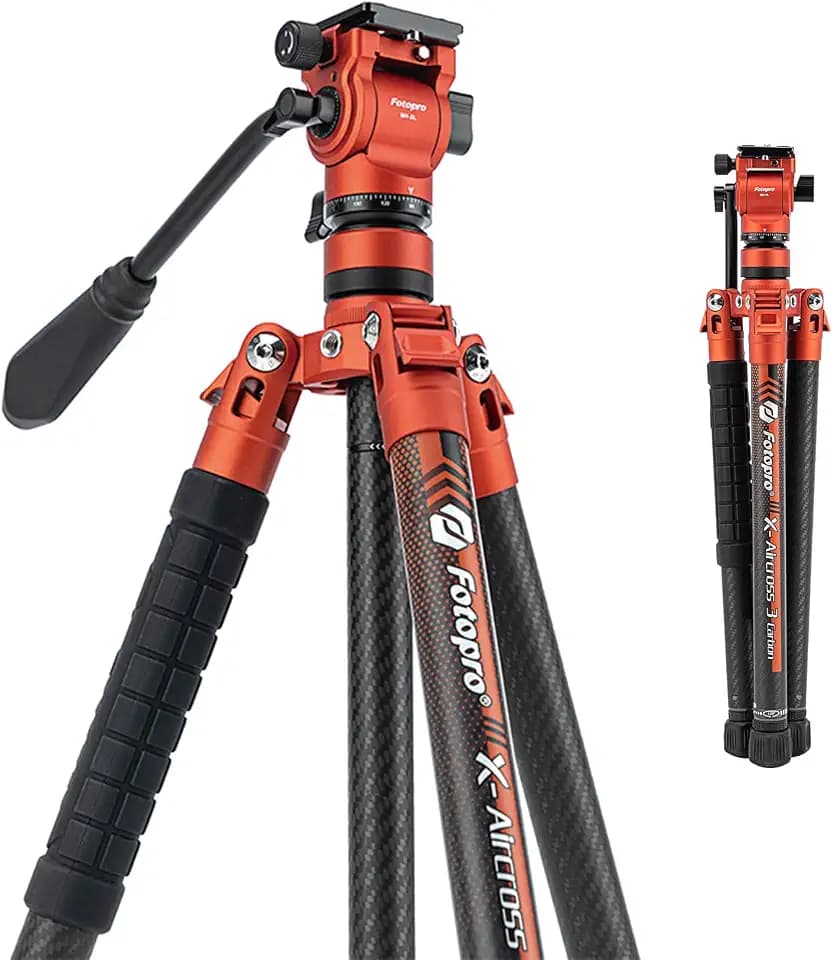 Fotopro 151 cm Video-Kamerastativ mit Fluidkopf für weiche Schwenks, Karbon-Reisestativ, Ultraleicht 1,07 kg, 5 kg Traglast, für Teleobjektive Vogel- & Wildlife-Video, X-Aircross 3 Video