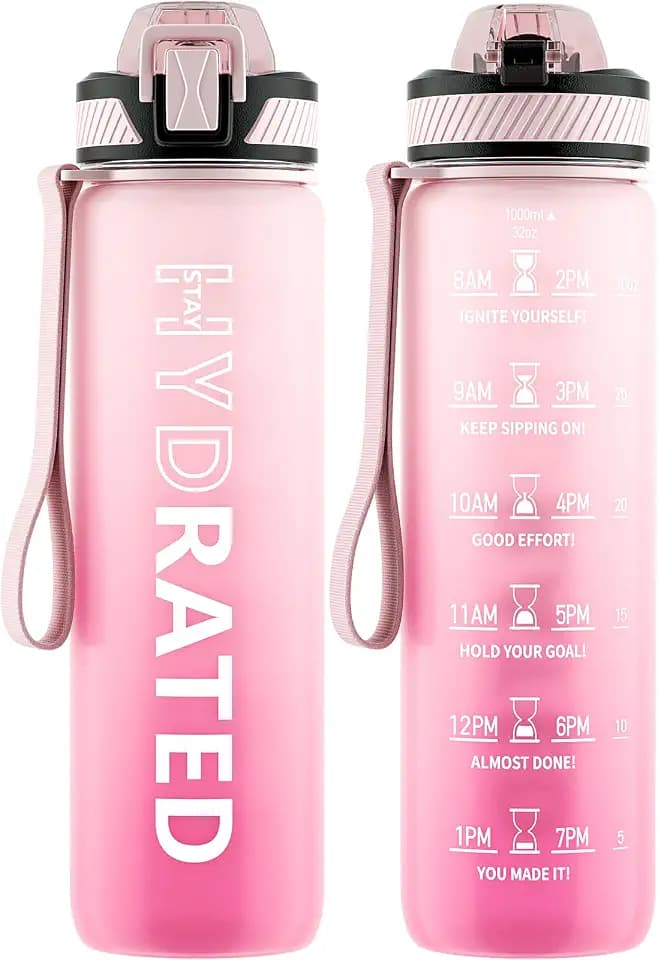 QLUR Water Bottle with Straw, 32oz Sports Water Bottles with Time Marker