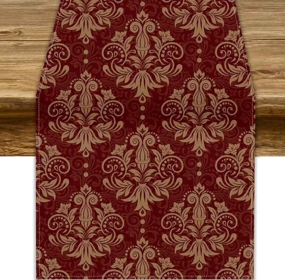 Red Damask Table Runner, Vintage Classic Luxury Dark Red Golden Floral Damask Print Table Runner for Home Kitchen Dining Room Wedding Party Decor, 13x90inch