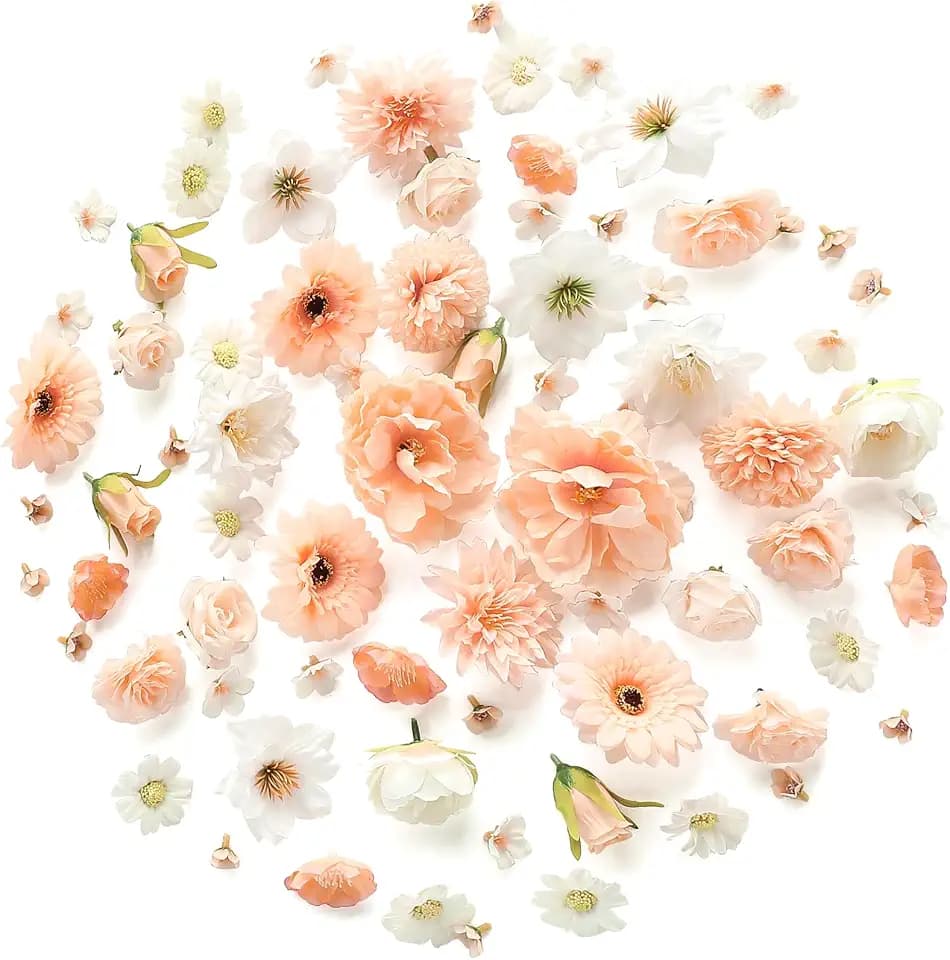 Floroom Mini Artificial Flower Heads Apricot Peach & Soft Cream Fake Peony Daisy Rose Multicolor Small Faux Silk Flower Heads for Cake Craft Garland Wedding Party Graduation Cap DIY Home Decoration
