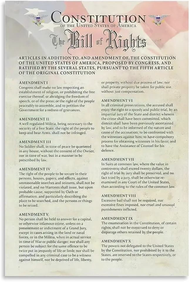 The US Constitution The Bill Of Rights Poster, History Government Classroom School Posters Poster Decorative Painting Canvas Wall Art Living Room Posters Bedroom Painting 16x24inch(40x60cm)