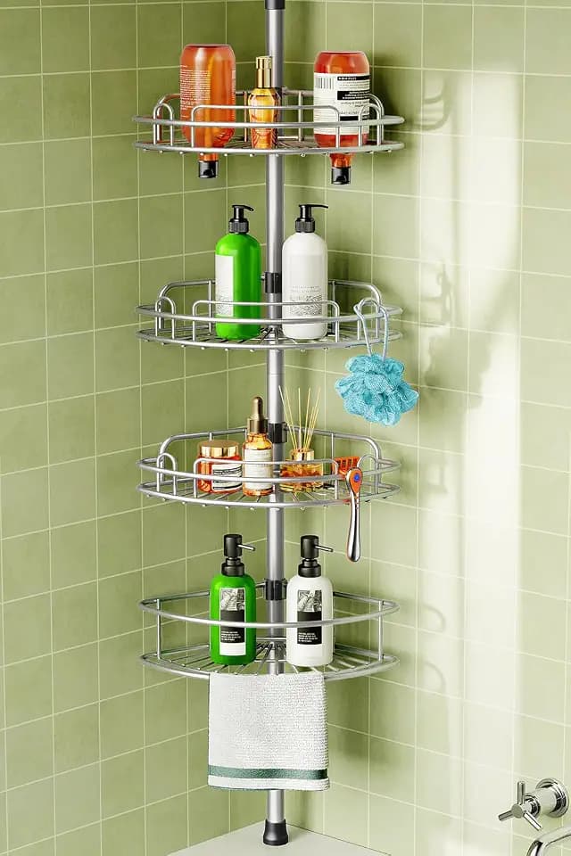 HAMITOR Corner Shower Caddy Tension Pole 4 Tier Rustproof Shampoo Organizer