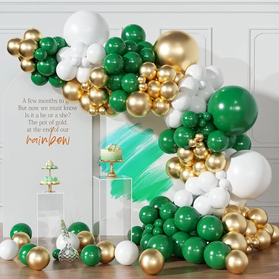 Green and Gold Balloons Garland Arch Kit,154pcs Different Size Emerald Green White and Metallic Gold Latex Balloons for Birthday Wedding Baby Shower St. Patrick's Day Jungle Theme Party Decorations