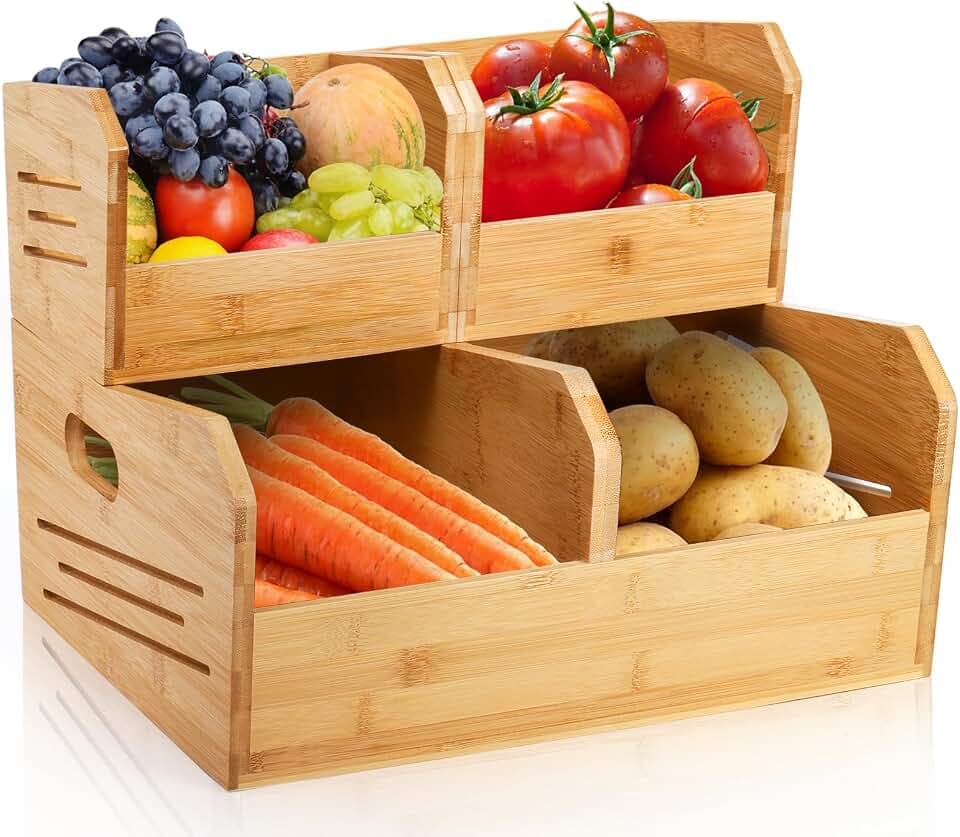 Noamus 2 Tier Bamboo Stackable Storage Bins, 4 Compartment Potato and Onion Storage Baskets, Pantry Organizer Holder with Handle, Open Front Kitchen Fruit Containers for Fruit Bread Vegetable Garlic