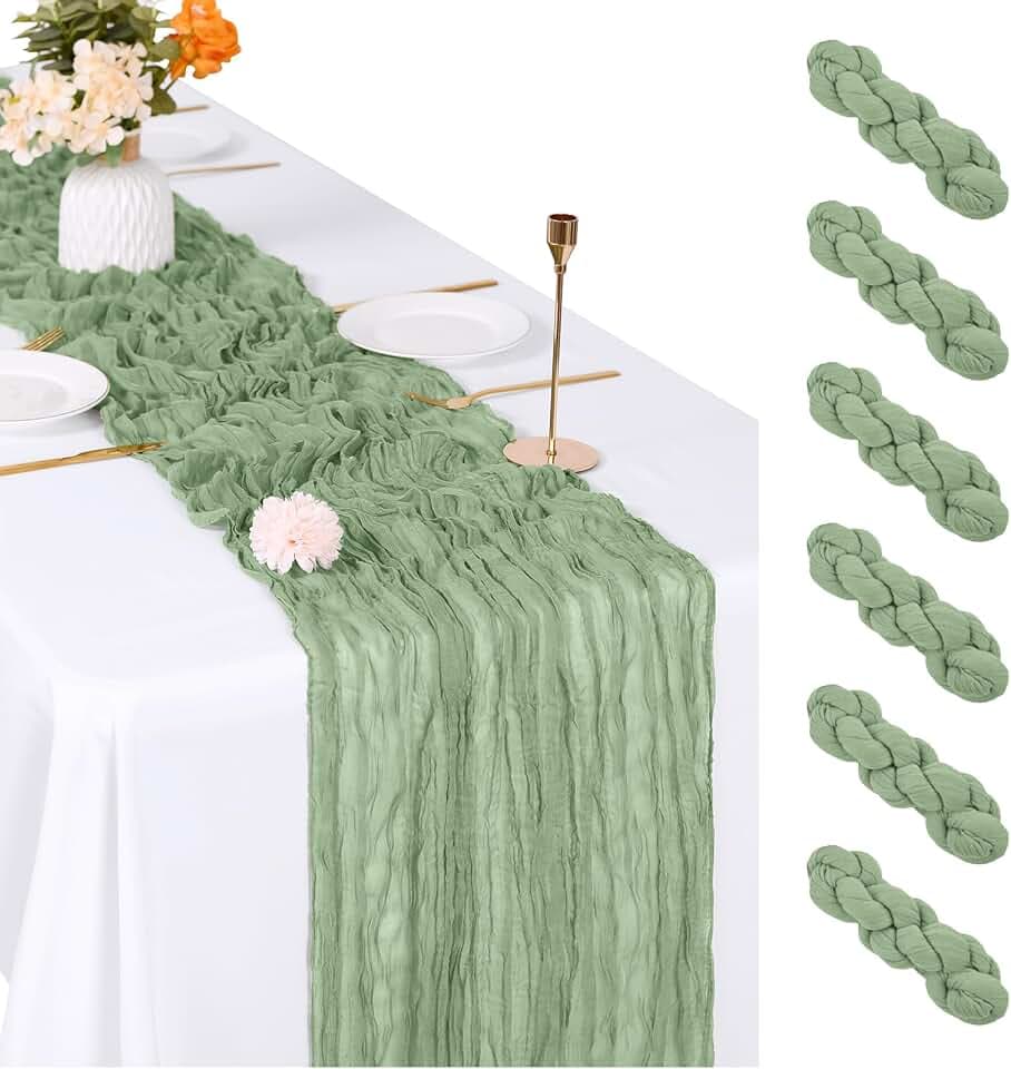 6 Pack Sage Green Cheesecloth Table Runner, 17 x 108 inch, Semi Sheer Boho Cheese Cloth Fabric Table Runner Bulk for Wedding, Birthday, Party, Holiday, Home Decor (Sage Green)