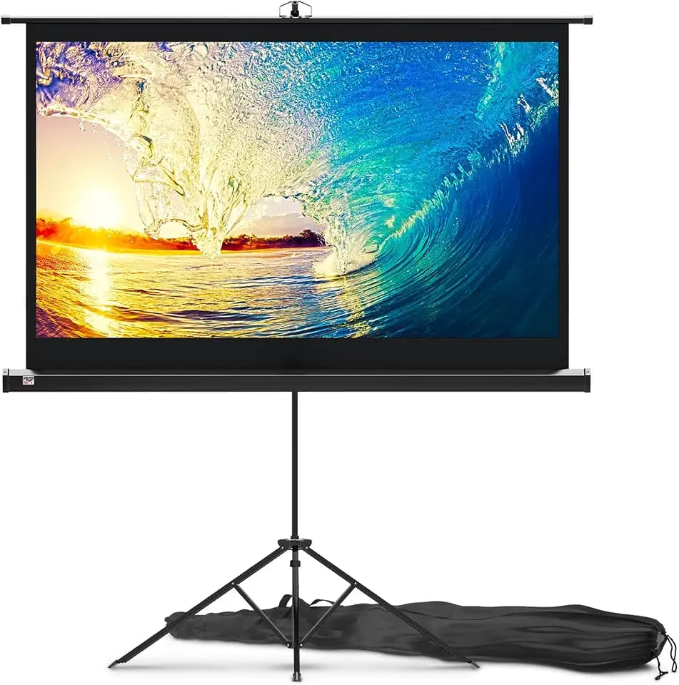 Beamer Leinwand mit Stativ 60 Zoll – Projektor-Leinwand für den Innen- und Außenbereich für Film- und Büropräsentationen – 16:9 HD Premium-Qualität, knitterfrei mit Tragetasche und festem Gurt