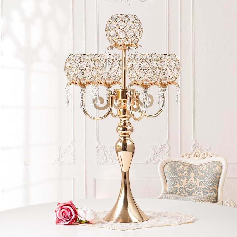 1Pc 22.5 Inch 5-Arm Tea Light Crystal Candle Holder/Candlestick, Exquisite and Gorgeous Crystal Candelabra Table Centerpiece for Wedding/Holiday Events, Parties & Home Decor