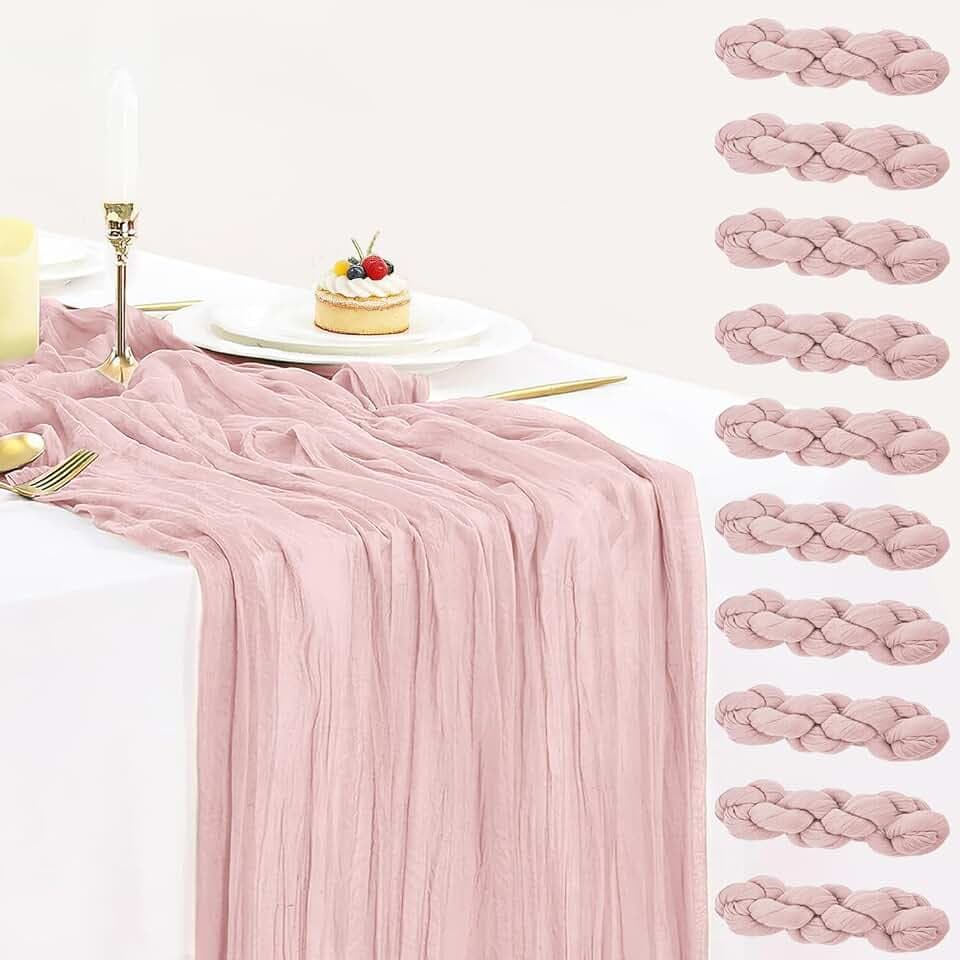 10 Pack Dusty Pink Spring Summer Cheesecloth Table Runners 35x120 Inches, 10FT Pink Table Runner Boho Gauze Cheese Cloth Table Runner for Wedding Baby Shower Birthday Party Decor