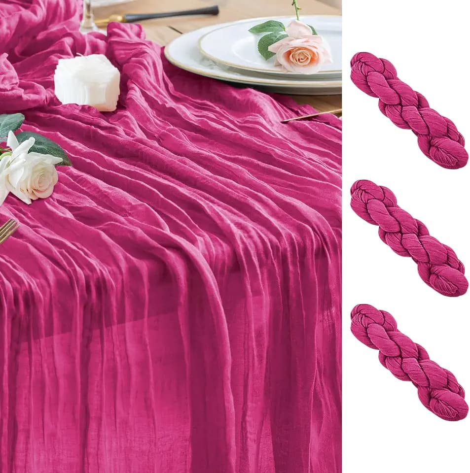 Wokceer Cheesecloth Table Runner Fushia 10FT Boho Gauze Runner, 3 Pack