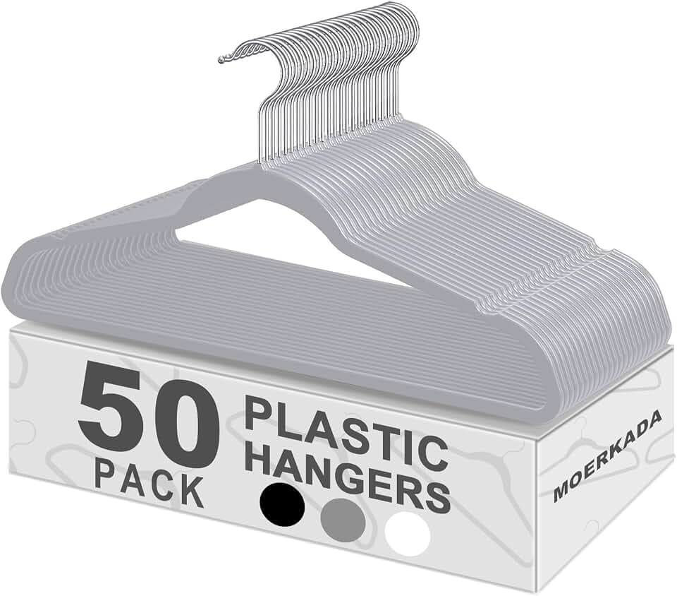 50 Pack Slim Plastic Clothes Hangers Grey