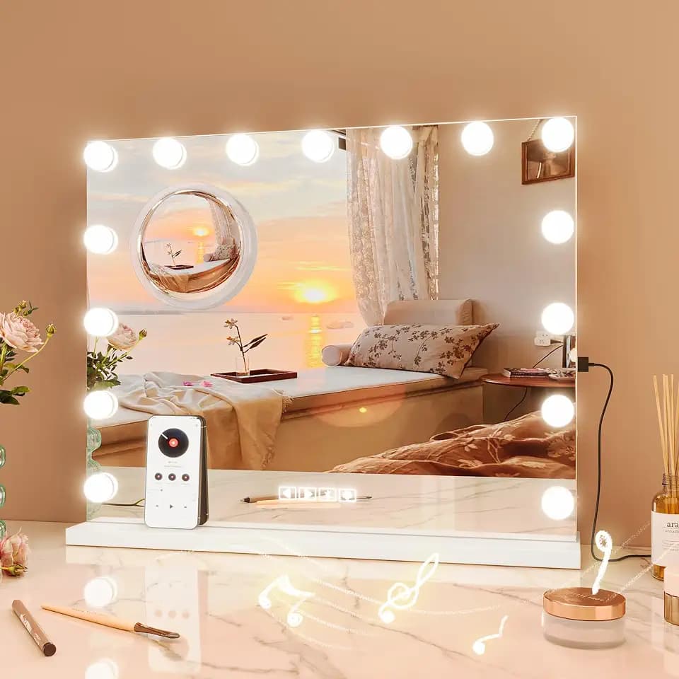 GAOMON Vanity Mirror with Lights, Makeup Mirror with 15 Dimmable LED Bulbs, USB Charge Port and Blue Tooth, 3X Magnification and 3 Colors Modes, Touch Control, 24” x 22”.