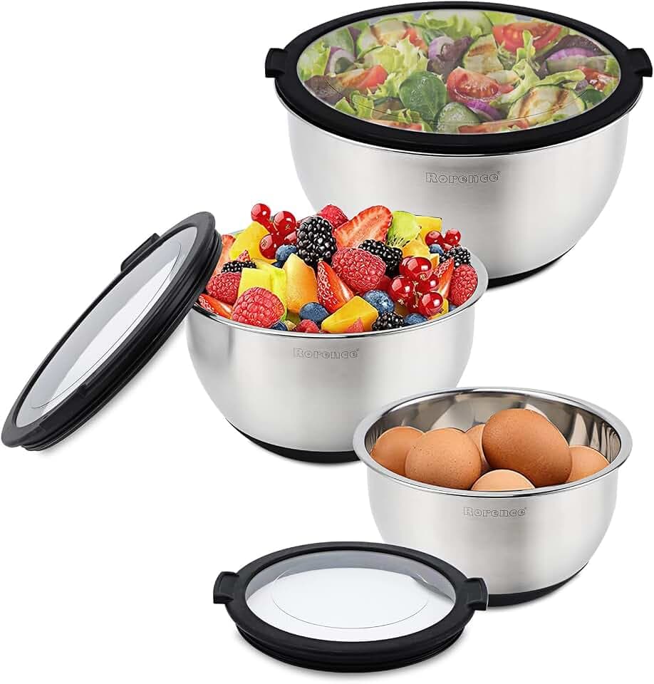 Rorence Stainless Steel Mixing Bowls with Lids Set of 3, 1.5/3/5QT