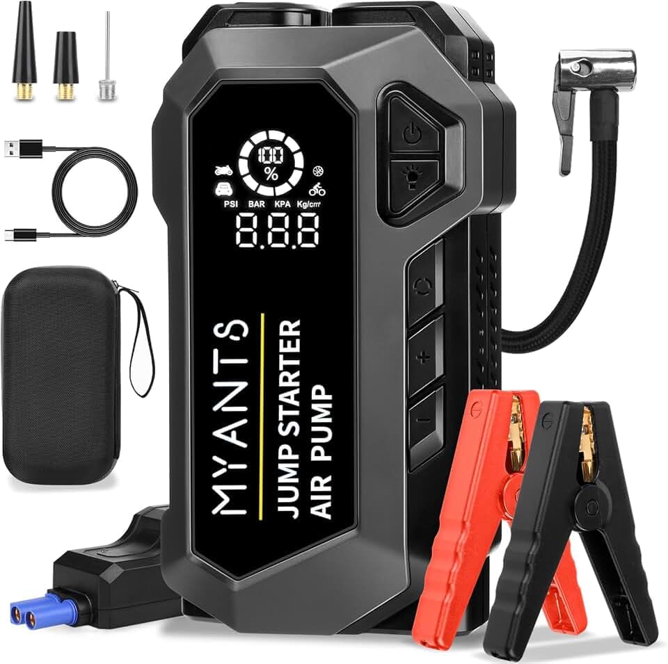 Q18 Starthilfe Powerbank mit 150PSI Kompressor, 4000A Auto Starthilfe Powerbank mit LED-Licht & Schnell-Ladung, 12V Booster Auto Starthilfe für bis zu 10.0L Benzin & 8.0L Diesel