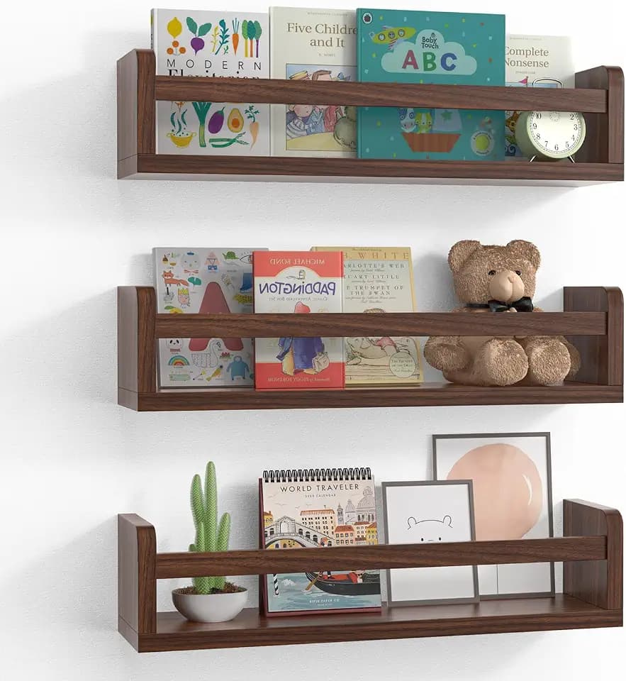 Floating Wall Nursery Book Shelves, 16.5 Inch, Walnut Color, Set of 3