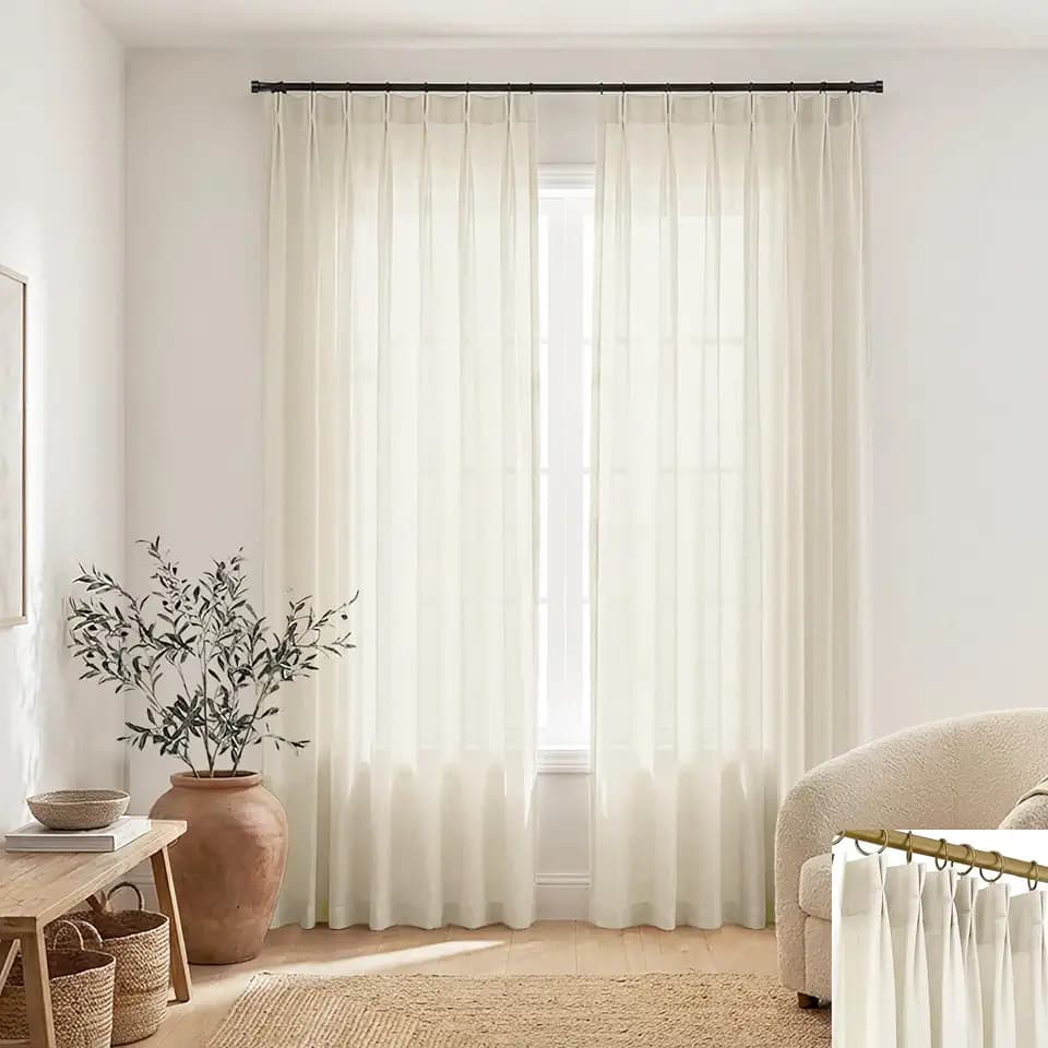 SHINELAND 105 Inch Pinch Pleated Linen Curtains, Designed for 104-106 Long Floor Length Hanging, Light Filtering Semi Sheer Panel for Living Room Track System, Cream