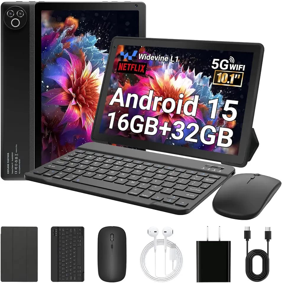 Android 15 Tablet 10 Zoll mit 32 GB ROM+1 TB TF, 5000 mAh, WiFi 6, Bluetooth 5.4, Touchscreen Tablet mit Schutzhüllen für Maus, Tastatur und Kopfhörer (schwarz)