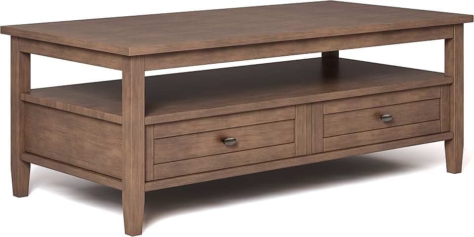 SIMPLIHOME Warm Shaker 48" Wide Solid Wood Coffee Table in Natural Brown