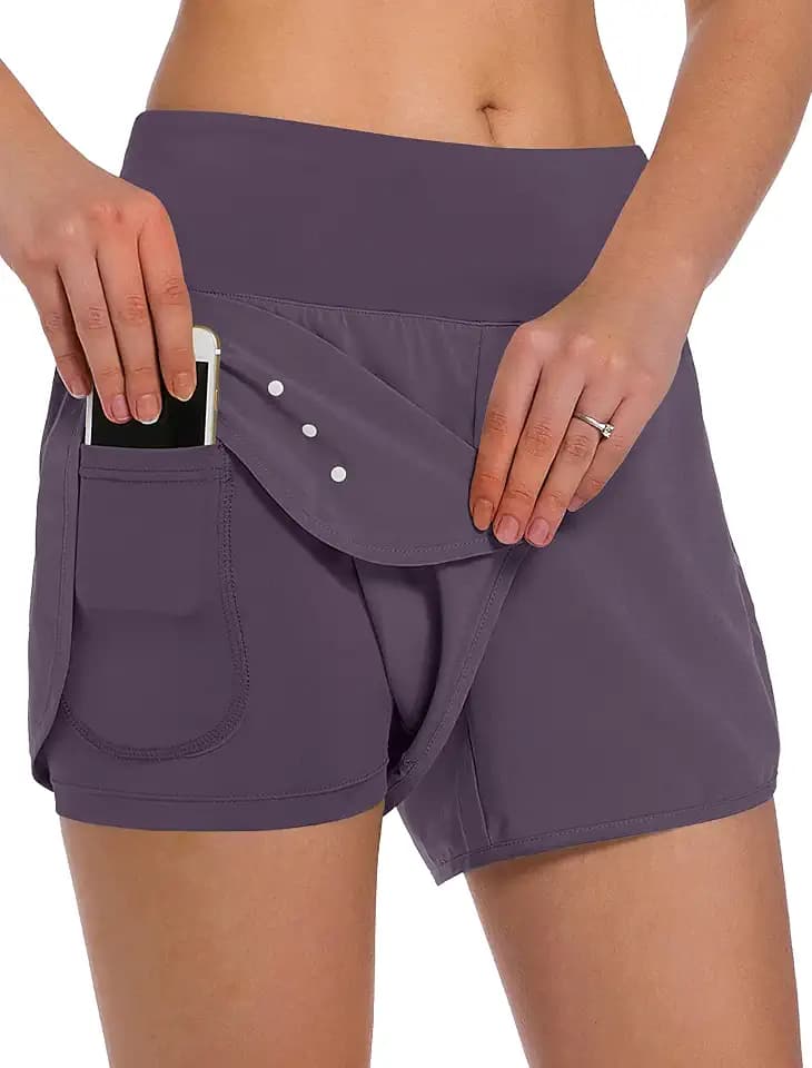 Ksmien Women's 2 in 1 Running Shorts with Liner Phone Pockets