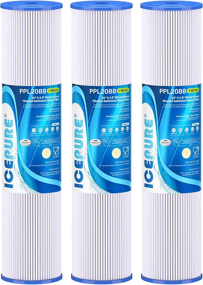 ICEPURE 20" x 4.5" Whole House Water Filter, 5 Micron Pleated Sediment Water Filters Replacement Cartridge for Well Water, Compatible with ECP5-BB, AP810-2, SPC-45-1005, CP5-BB, ECP1-20BB, 3 PACK