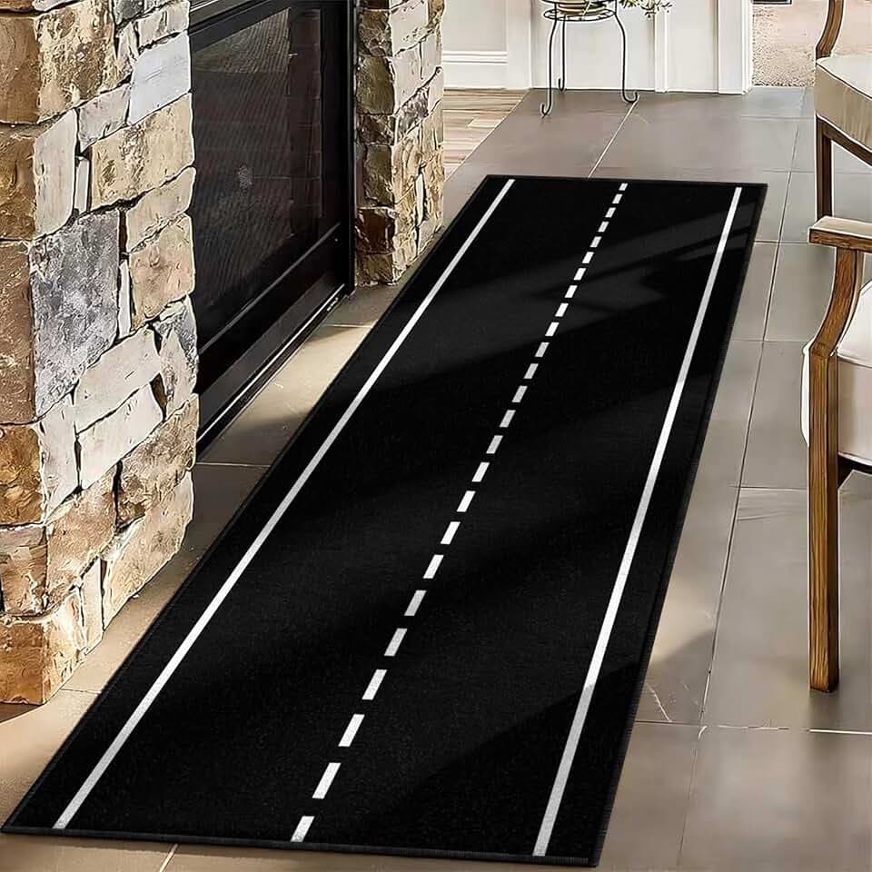 Track Runner Rug,2x6ft, Race Track Car Black White Road Racing Top Non Skid Floor Mat, Washable Throw Rugs for Living Room Kids Room Bedroom Playroom Kitchen Floor Hallways Carpet