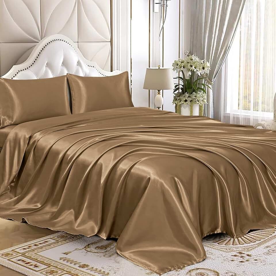 Homiest Queen Camel Brown Deep Pocket Satin Sheets, 4-Piece