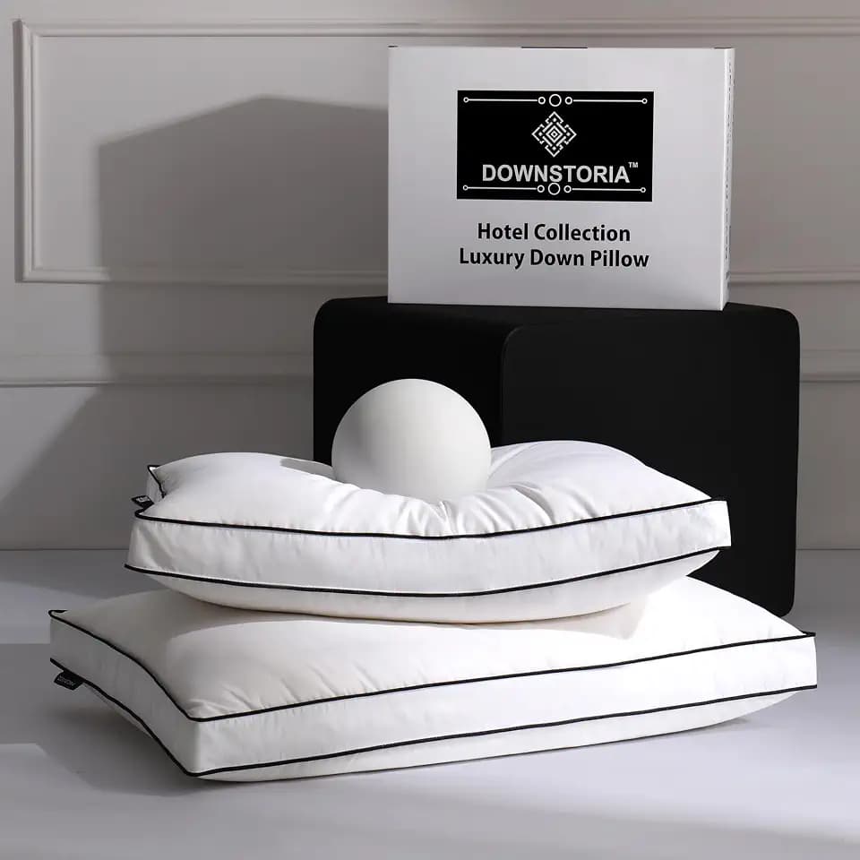 DOWNSTORIA Feather Down Pillows Standard Size Set of 2 with Gusset, Luxury Hotel Collection Bed Pillow 2 Pack, Down Surrounded Gusseted Pillows for Sleeping, Fluffy for Side, Back Sleepers 20x26 in.