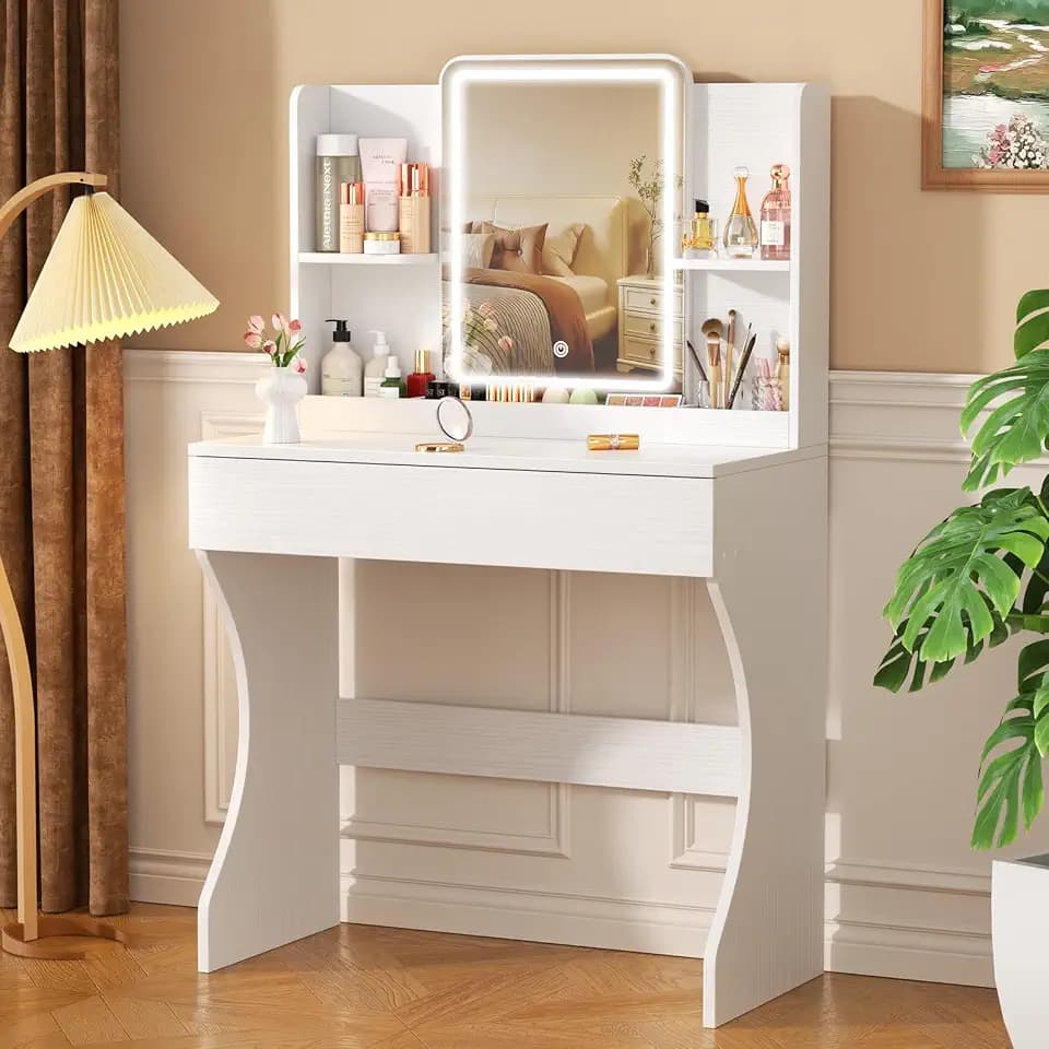Small Makeup Vanity Desk with Lights, White Vanity Table with LED Mirror