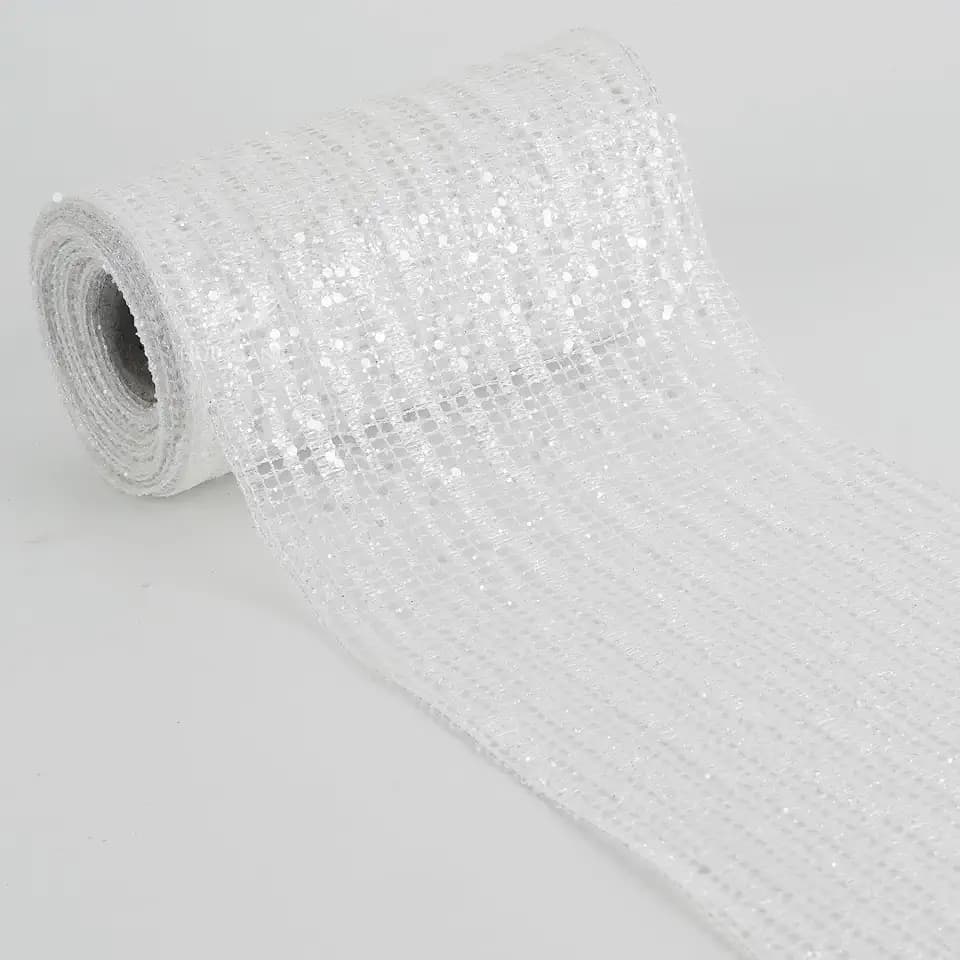 HUIHUANG White Wired Ribbon 6 inch Wide White Glitter Christmas Tree Mesh Ribbon for X-mas Tree Decorations, Garlands, Large Bows, Wreaths, Large Box Wrapping- Continuous 10 Yards