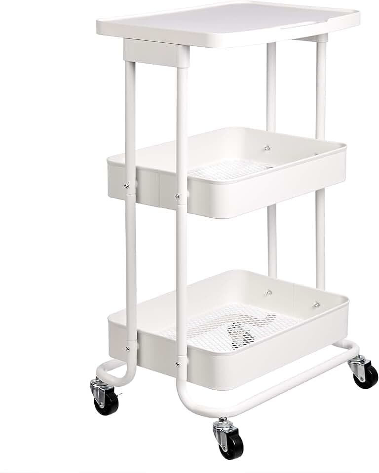Amazon Basics 2-Tier Rolling Metal Utility Cart with Shelf, Portable Multi-Functional Storage, White