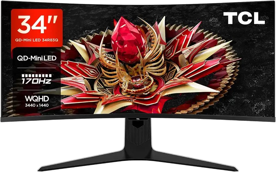 TCL 34R83Q 34 Zoll WQHD Mini-LED 1500R Curved Gaming Monitor 170Hz, 1ms Reaktionszeit, AMD FreeSync, Auflösung 3440 x 1440, 21:9, 1600nits, Display HDR1400, Flickerfrei, 90W Type-C