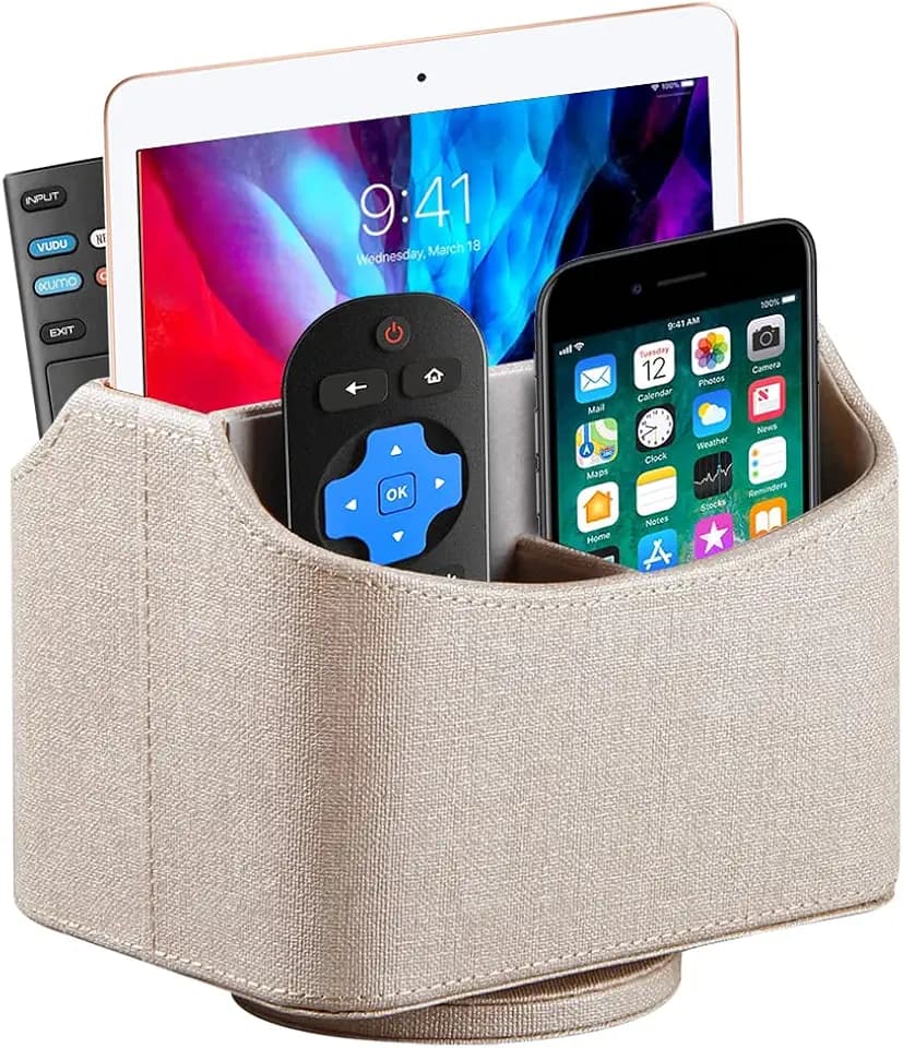 360° Rotating Remote Control Holder, PU Leather TV Remote Caddy, Pen Holder.Nightstand Organizer Storage Box with 5 Compartments for Pencil, Art Supplies, Makeup Brush, Office Desk Table Accessories