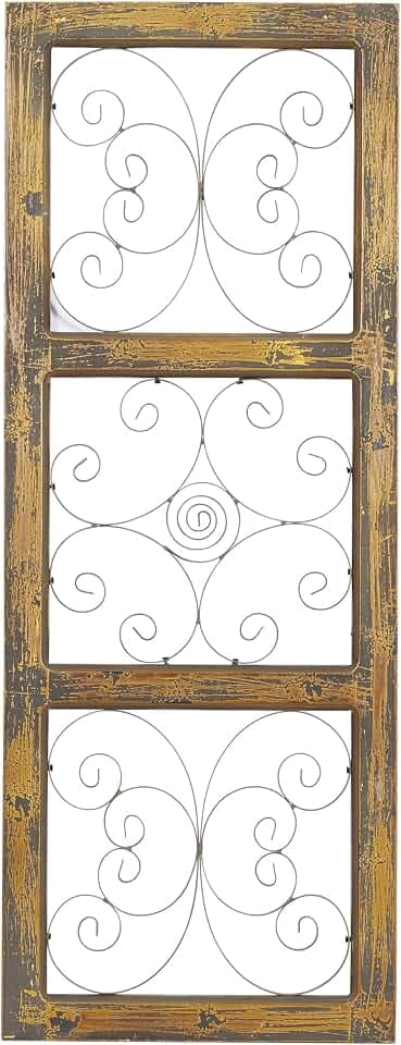 Deco 79 Wood Scroll Home Wall Decor Window Inspired Wall Sculpture with Metal Scrollwork Relief, Wall Art 14" x 1" x 36", Brown