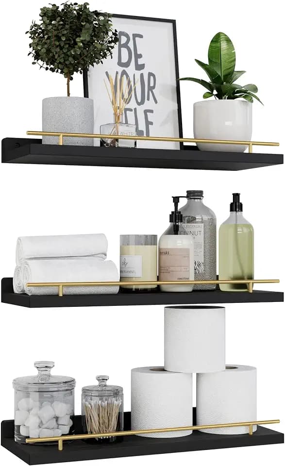 WOPITUES Floating Shelves for Wall Decor Set of 3, Black and Gold