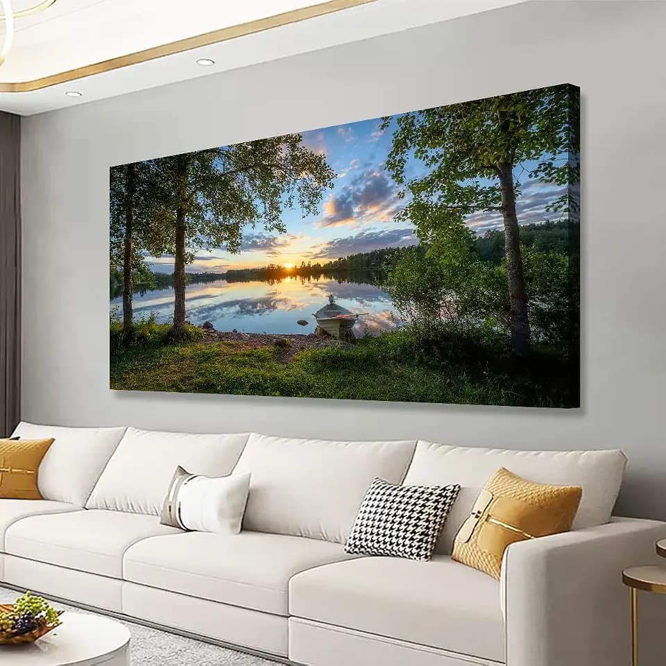 Tree Canvas Wall Art of a Sunrise Over a Forest Lake 24x48inches Nature Inspired Painting Perfect for Wall Decoration in Living Room and Bedroom Trees and Landscape Picture Artwork Prints