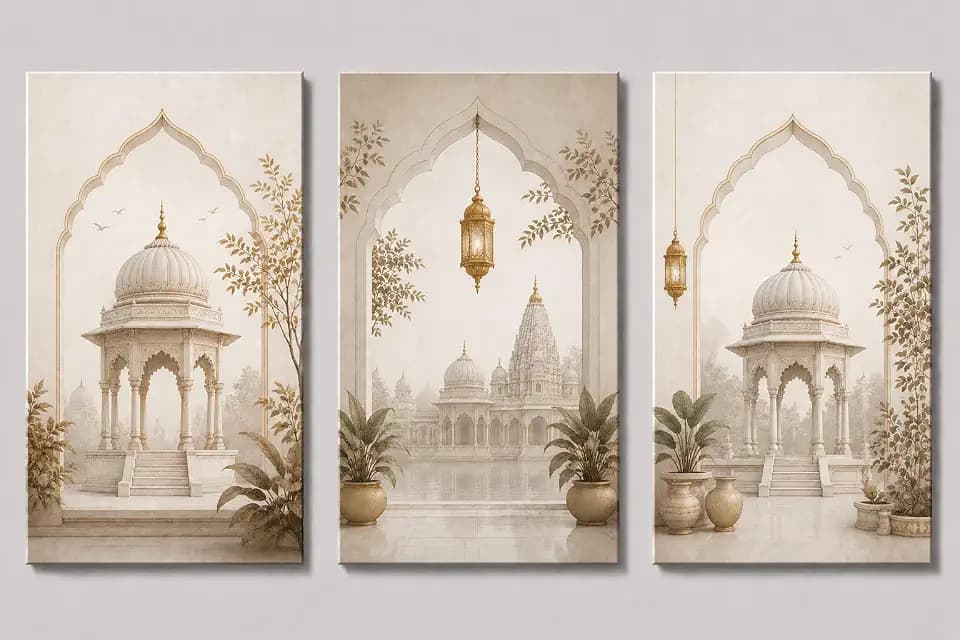 ICE ARMOR X-Large Set of 3 Islamic Architecture Wall Art Beige Mosque Canvas Print Muslim Home Ramadan Decor 24x36 Inch Frameless Canvas Print - Ready to hang