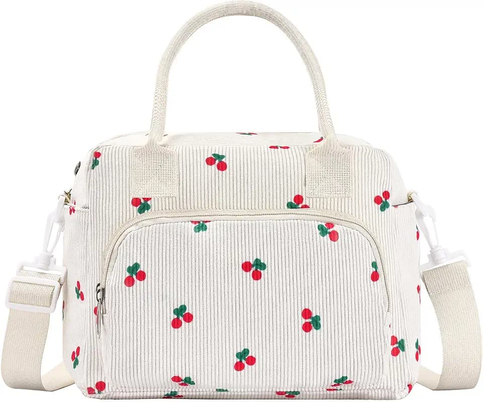 Lunch Bag Women Lunch Box for Women Adult Cute Insulated Lunch Bag Lager Cooler Lunch Tote Bags for Work Picnic (Beige-Cherry)