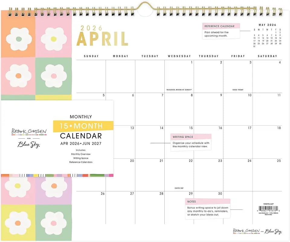 Blue Sky 2026-2027 Monthly Academic Wall Calendar, 15"x12", Daisy Checkers